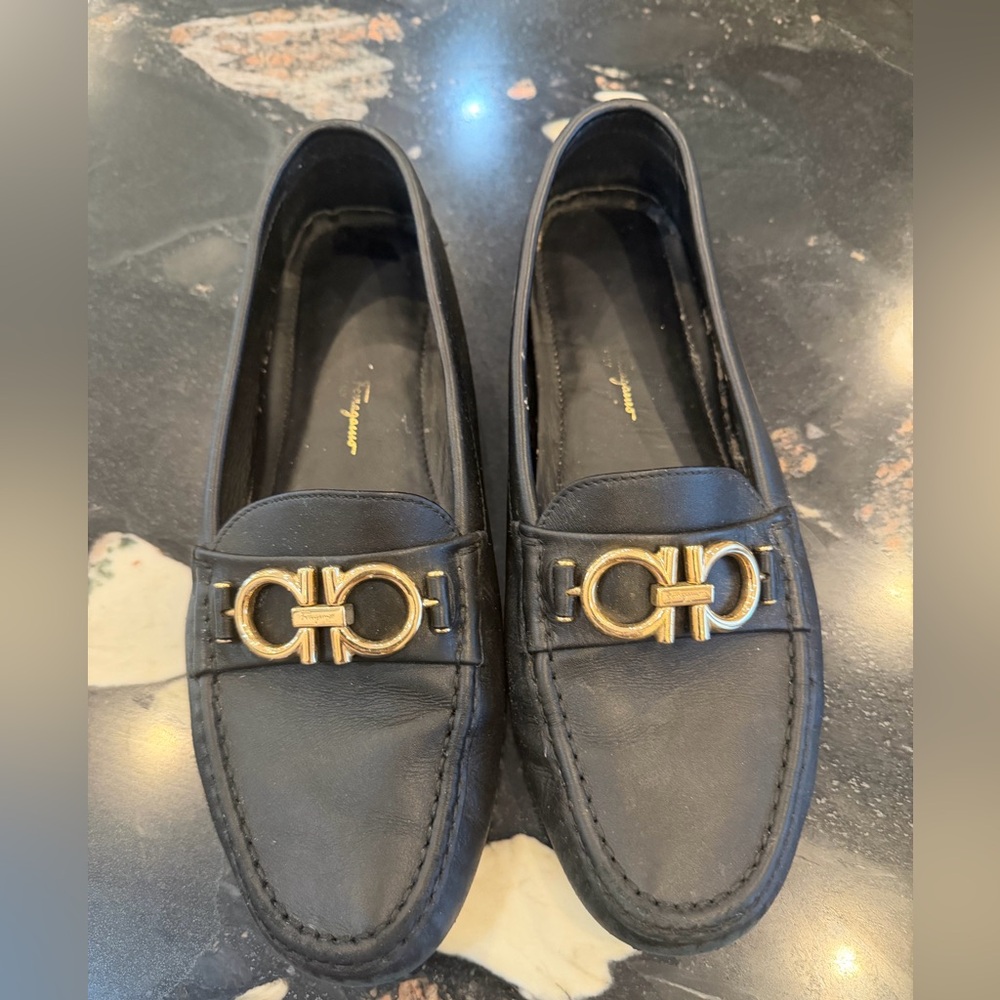 Salvatore Ferragamo Black Leather Loafers with Gold Gancini